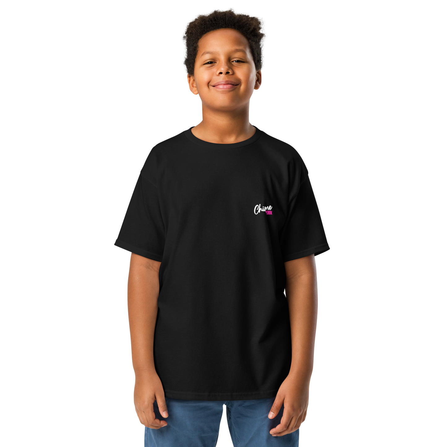"Chime PINk" Youth black tee