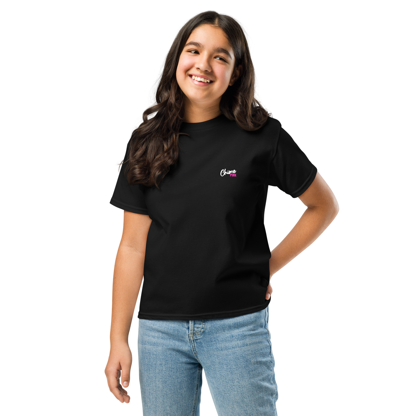 "Chime PINk" Youth black tee