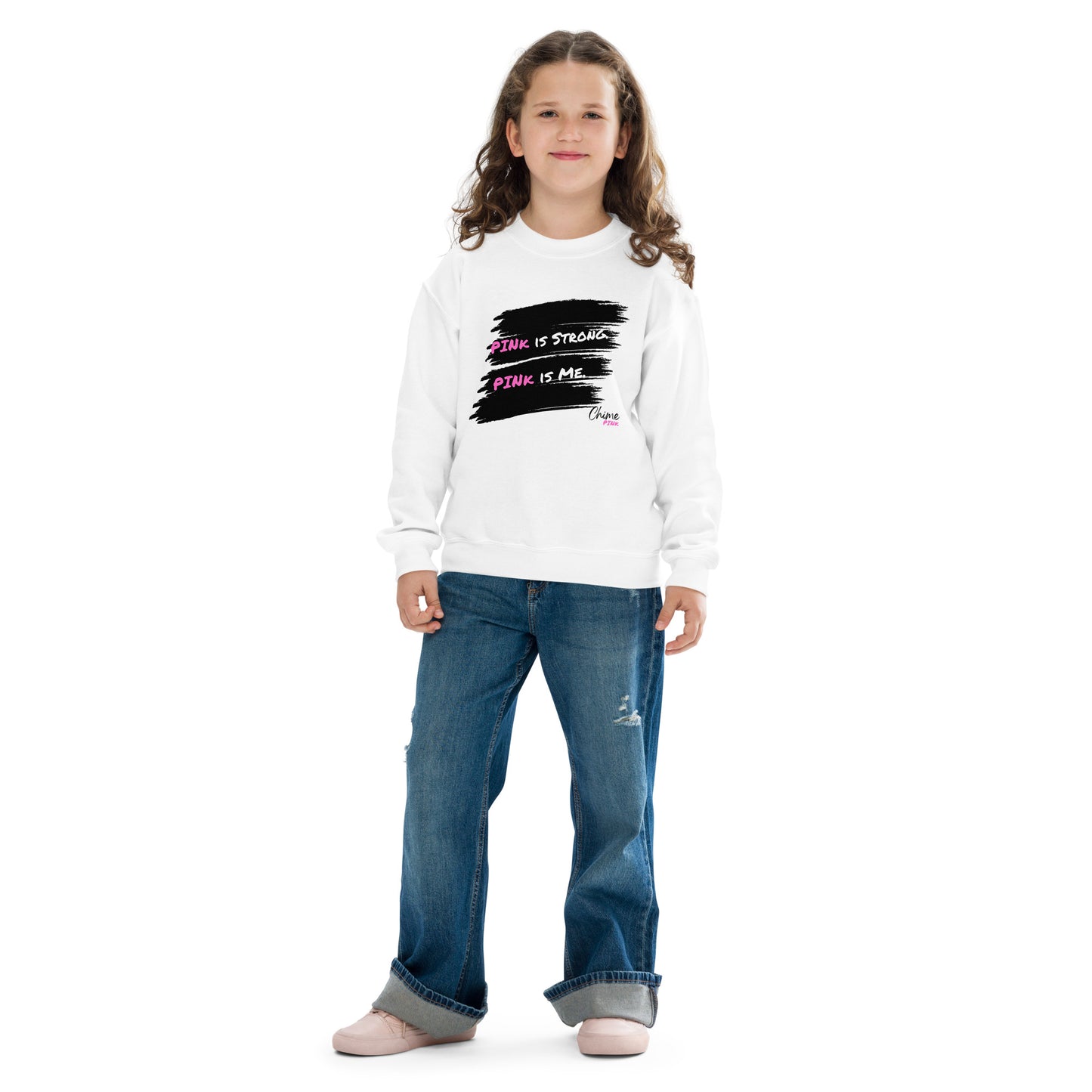 White "PINk is Strong. PINk is Me." Youth sweatshirt
